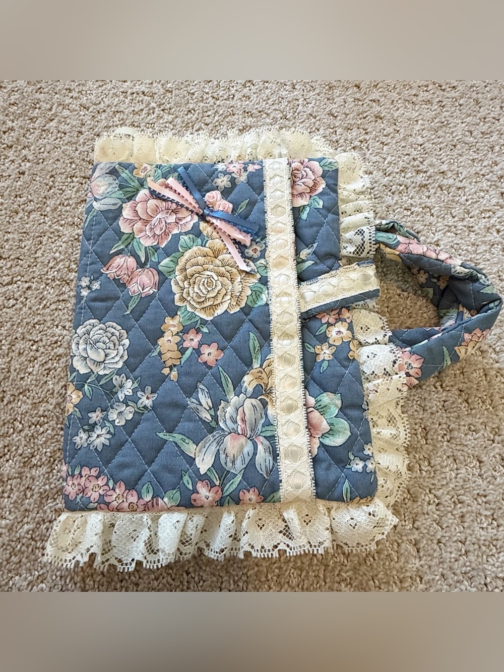 Gregg Bible Cover Quilted Floral Fabric Lace Dusty Pink Blue 90s Ribbon Feminine